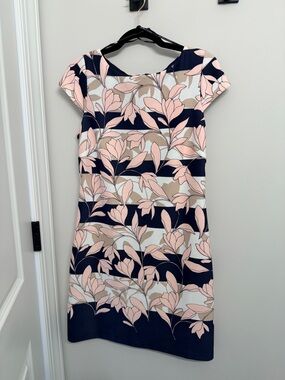 Vince Camuto Navy, Blush and Cream Floral Cap-Sleeve Mini Dress